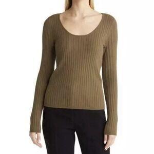 Long Sleeve Top Olive Ribbed Knit Scoop Neck Comfortable Casual Top‎ HALOGEN New